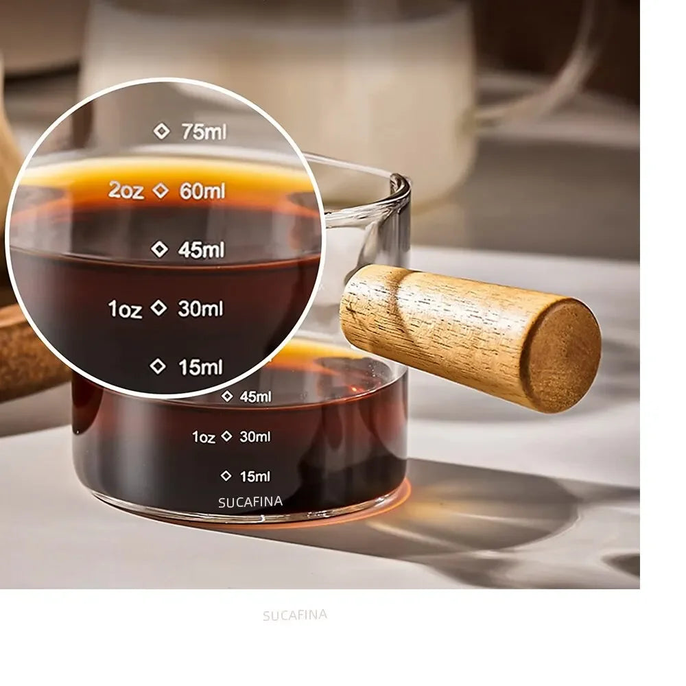 1pc Glass Measuring Cup Wood Handle Glass Espresso Measuring Cup Double