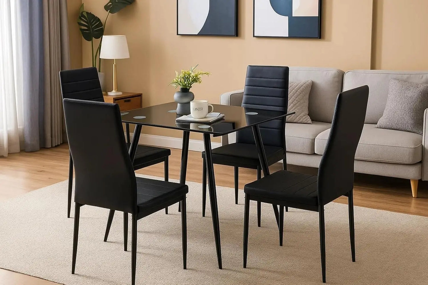 Black Dining Room Chairs Set of 4, PU Leather Balck Kitchen Chairs with Padded High Back  Foot Cap Protection, No Table