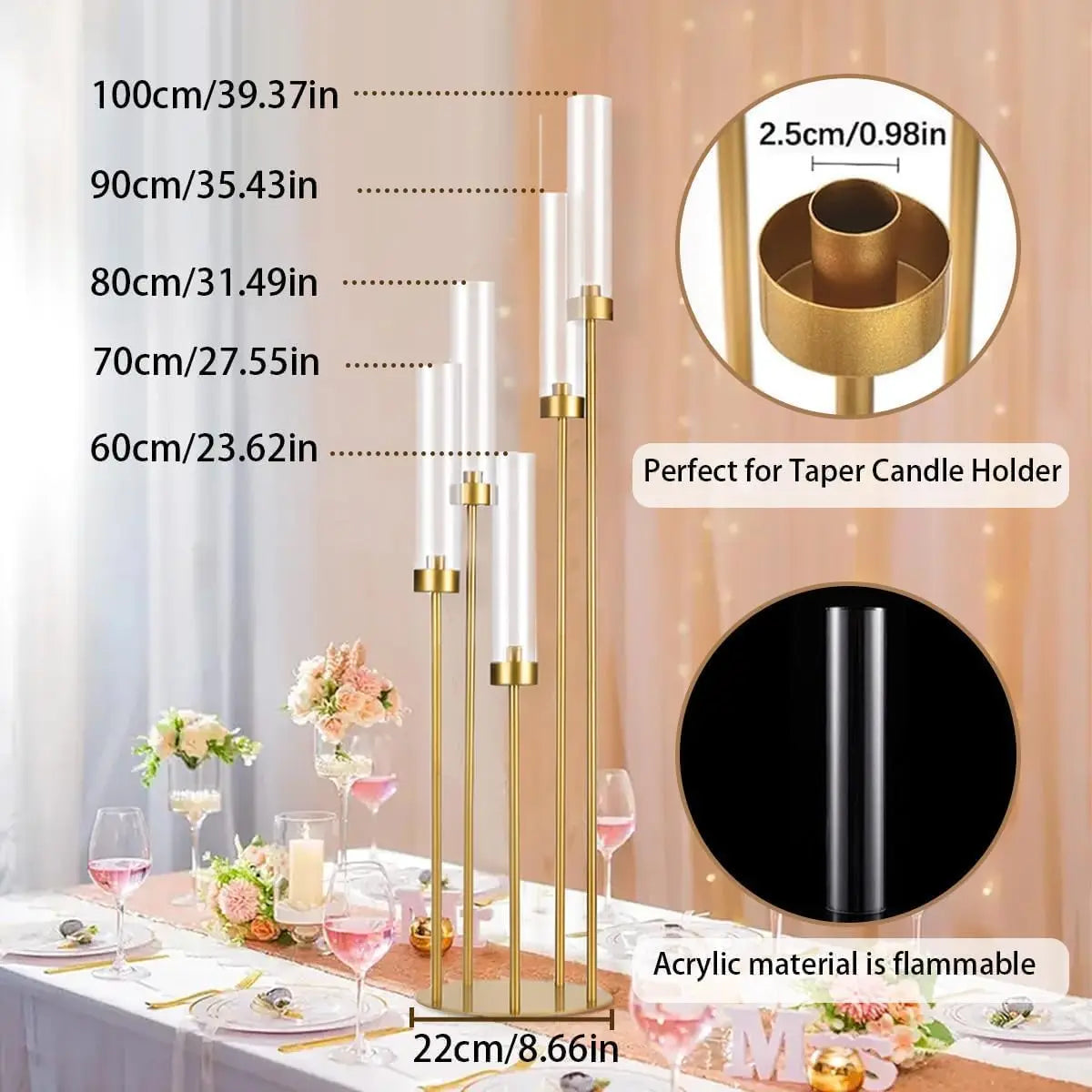 6PCS 5 Arm Candle Holder for Wedding 39.4'' Tall Gold Floor Candelabra with Acrylic Lampshade for Birthday Party Home Decoration