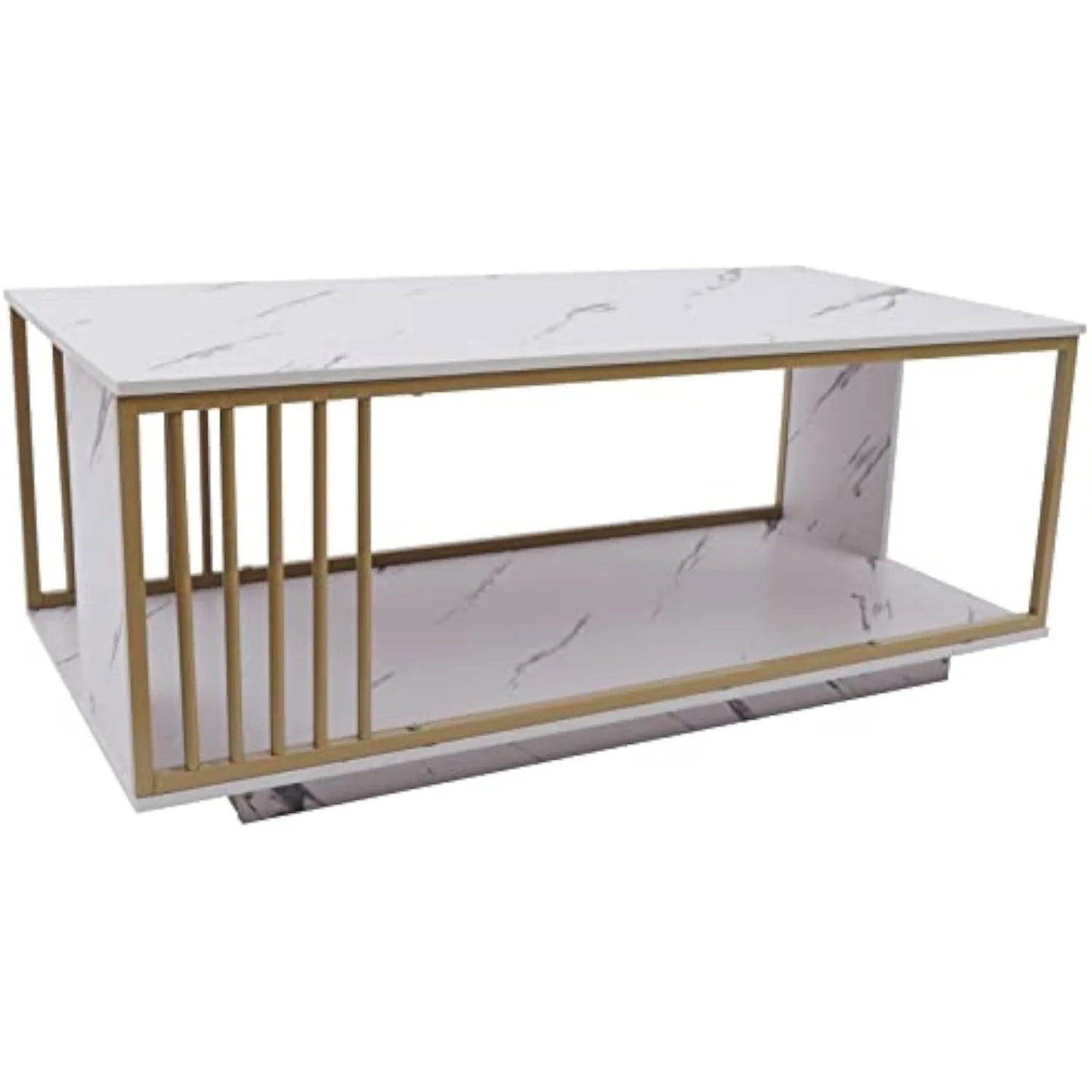 Modern White Marble Veneer Coffee Table, 2 Tier Rectangular Coffee Table with Gold Frame Sofa End Table for Living Room Bedroom