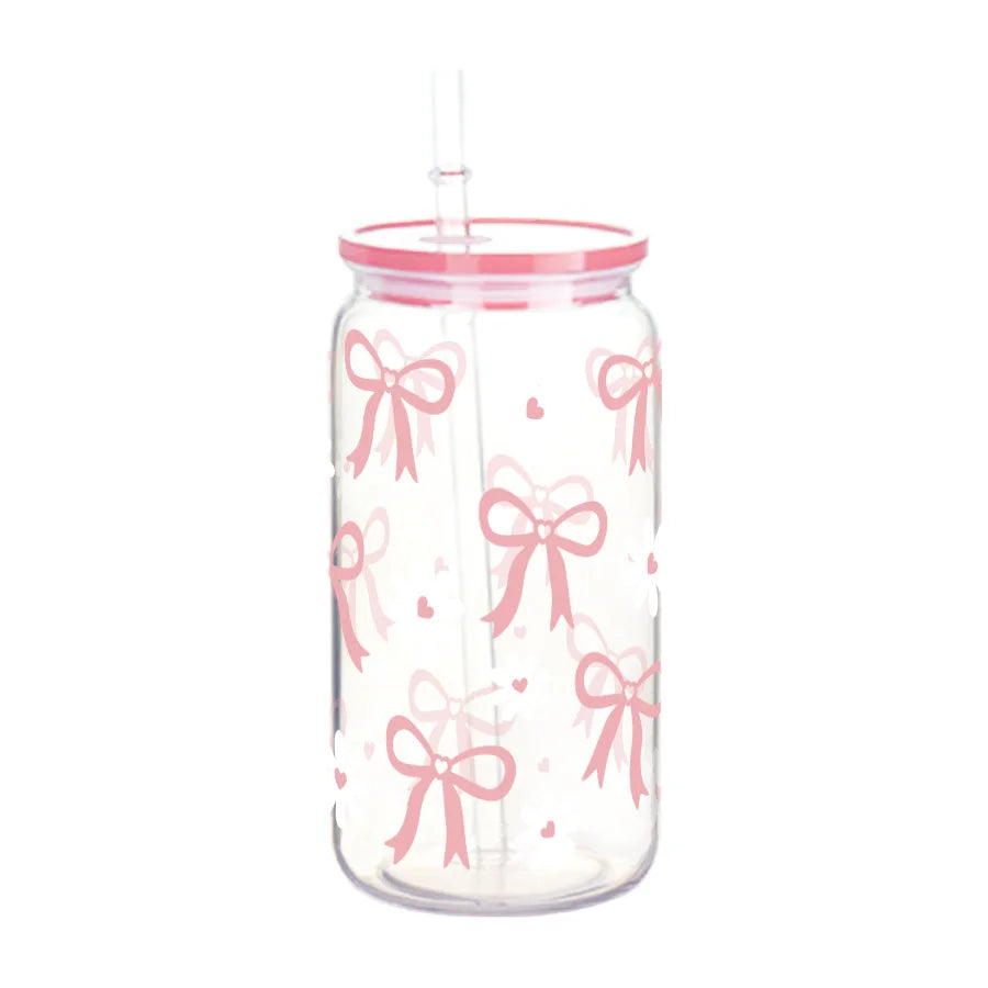 16oz Cute Bow Plastic Cup with Lid Bow Cherry Graffiti Pattern Water Bottle