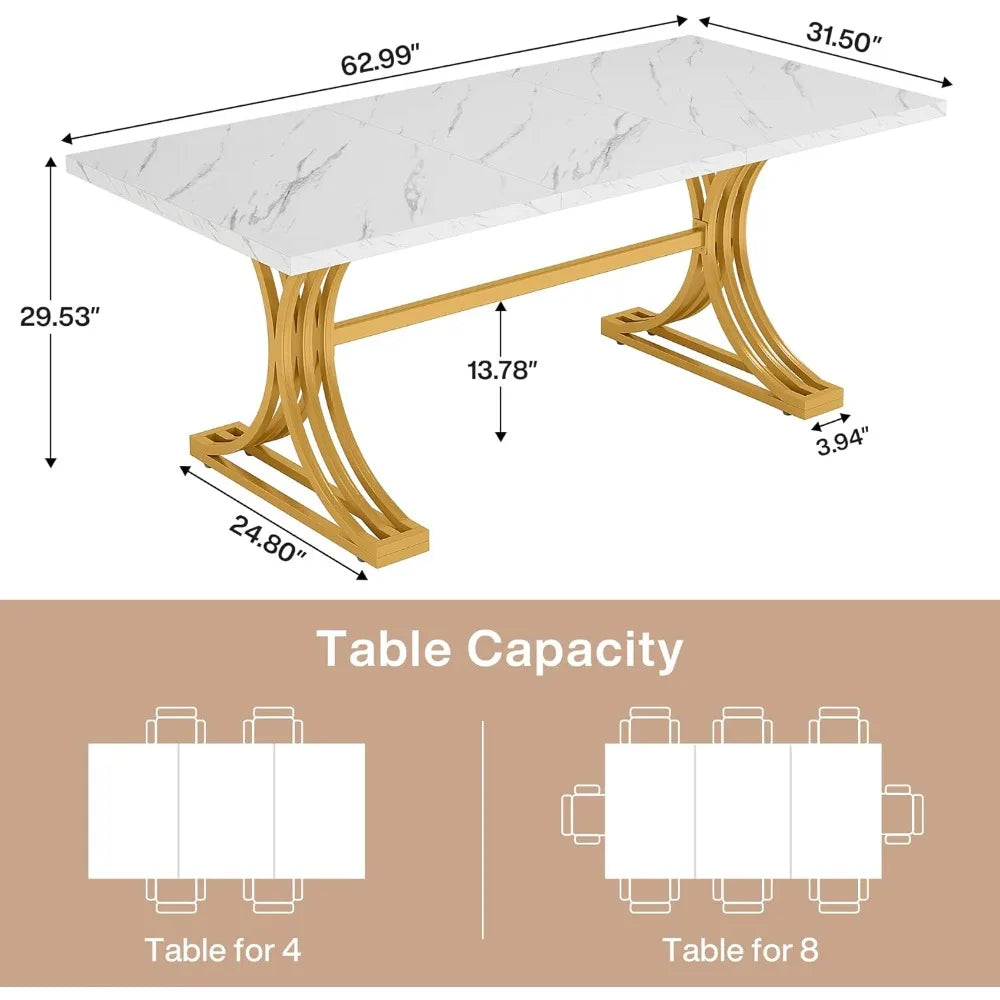 63-Inch Rectangular Dining Table for 4 to 6, White Gold Kitchen Tables for Dining Room, Modern Dinner Table with Faux