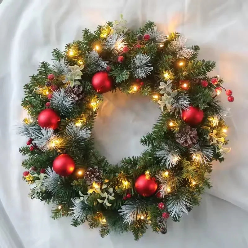 20-60cm Christmas Wreath with LED Fairy Light Door Hanging Garland Pine for Home Decorations Xmas Party Supplies Happy New Year