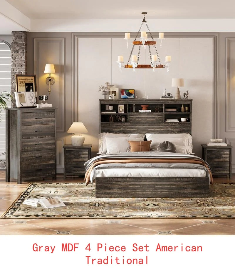 4-Piece Bedroom Set, Wooden Queen Size Bed Frame with Storage Headboard & Charging Station, 2 Nightstands with 2 Drawers,