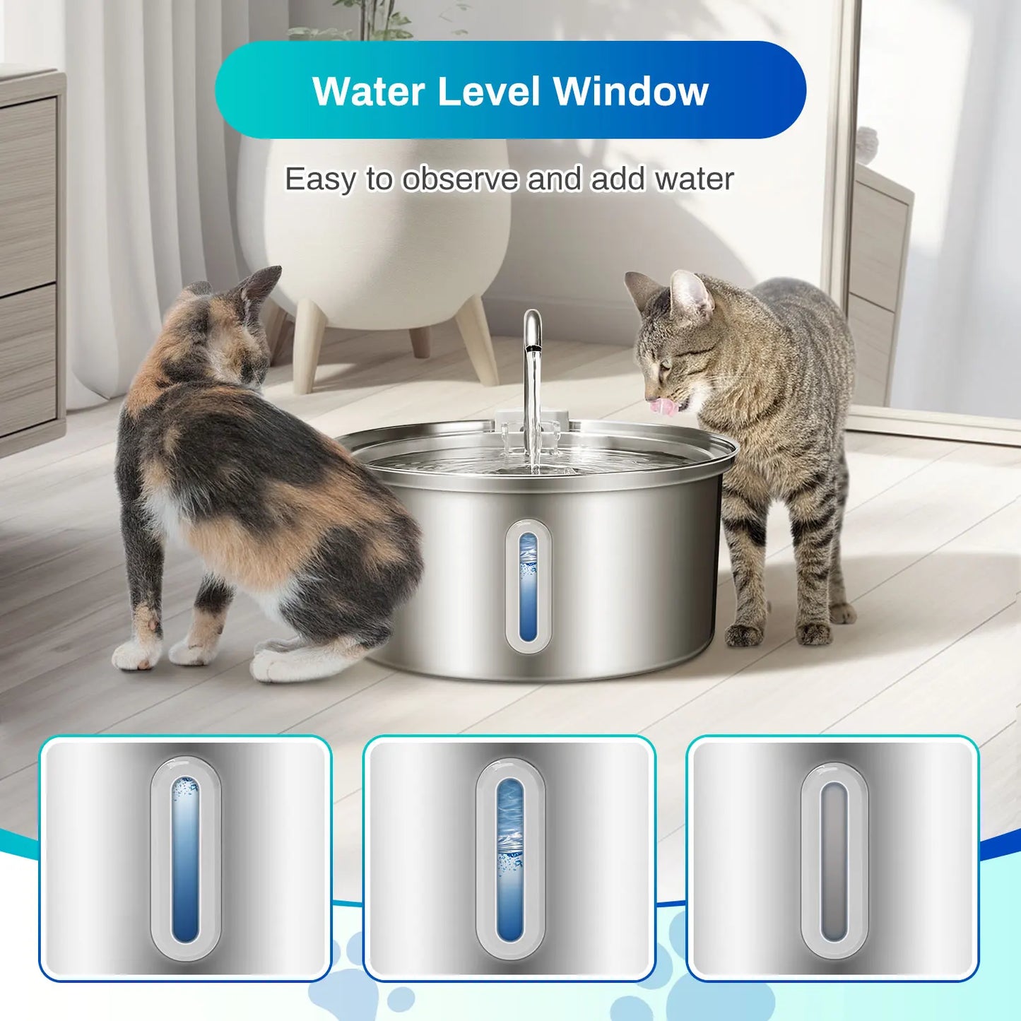 Cat Water Fountain Stainless Steel, 108oz/3.2L Pet Water Fountain With Ultra Quiet Pump, Filtration System,Water Level Window
