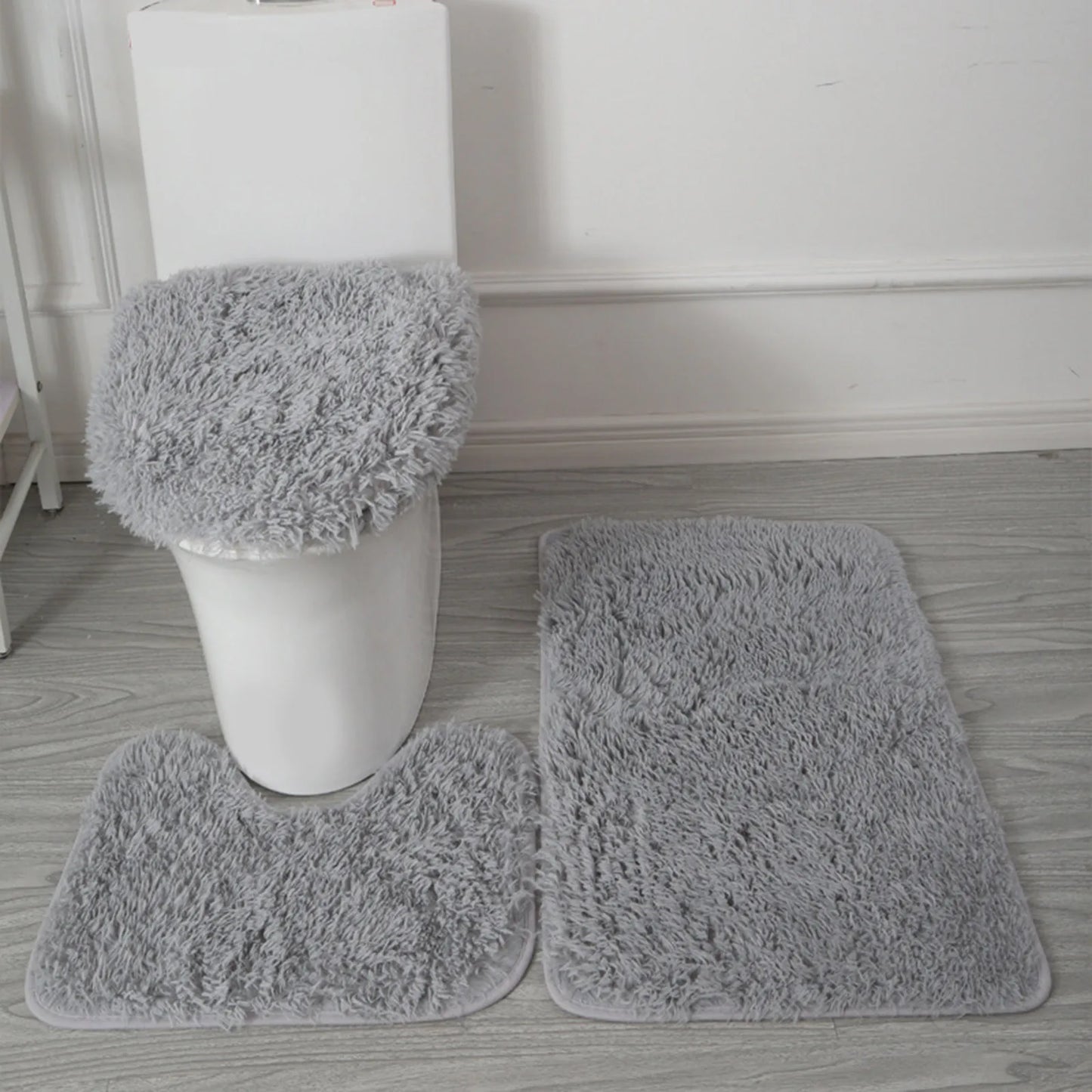 3pc Bathroom Set Rug Mat Toilet Lid Cover Plain Solid Color Bathmats Rugs Kit Non-Slip Fluffy