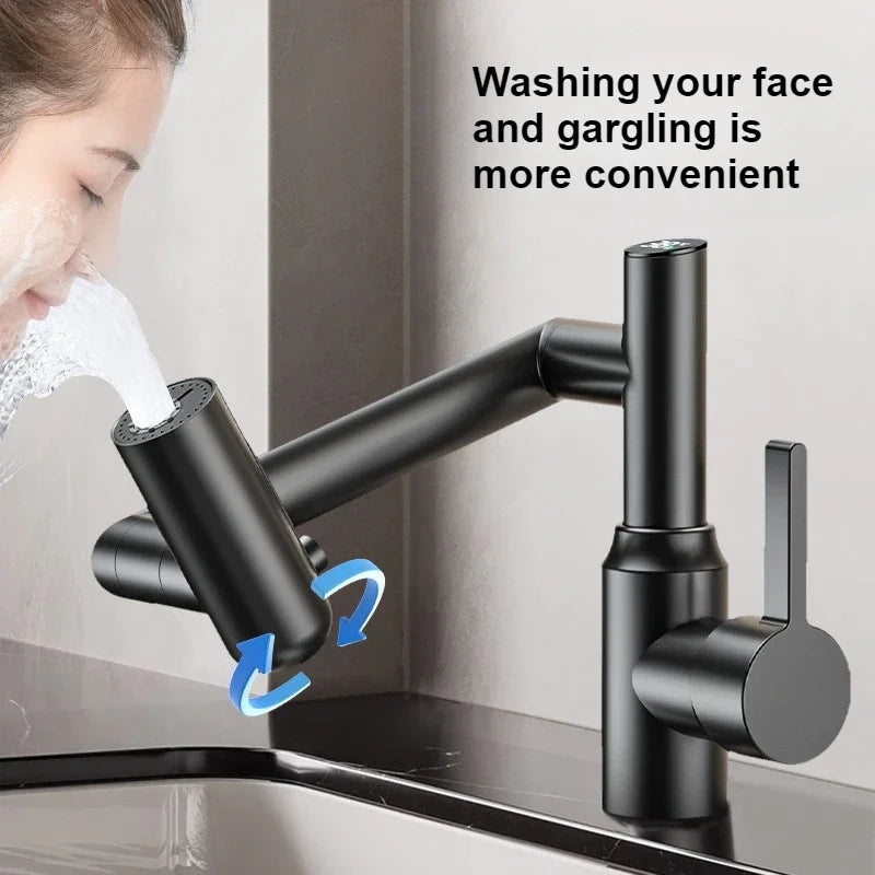 Washbasin Faucet Bathroom Multi-functional Mechanical Arm Cold and Hot Water Tap Digital Display Household Universal Rotation