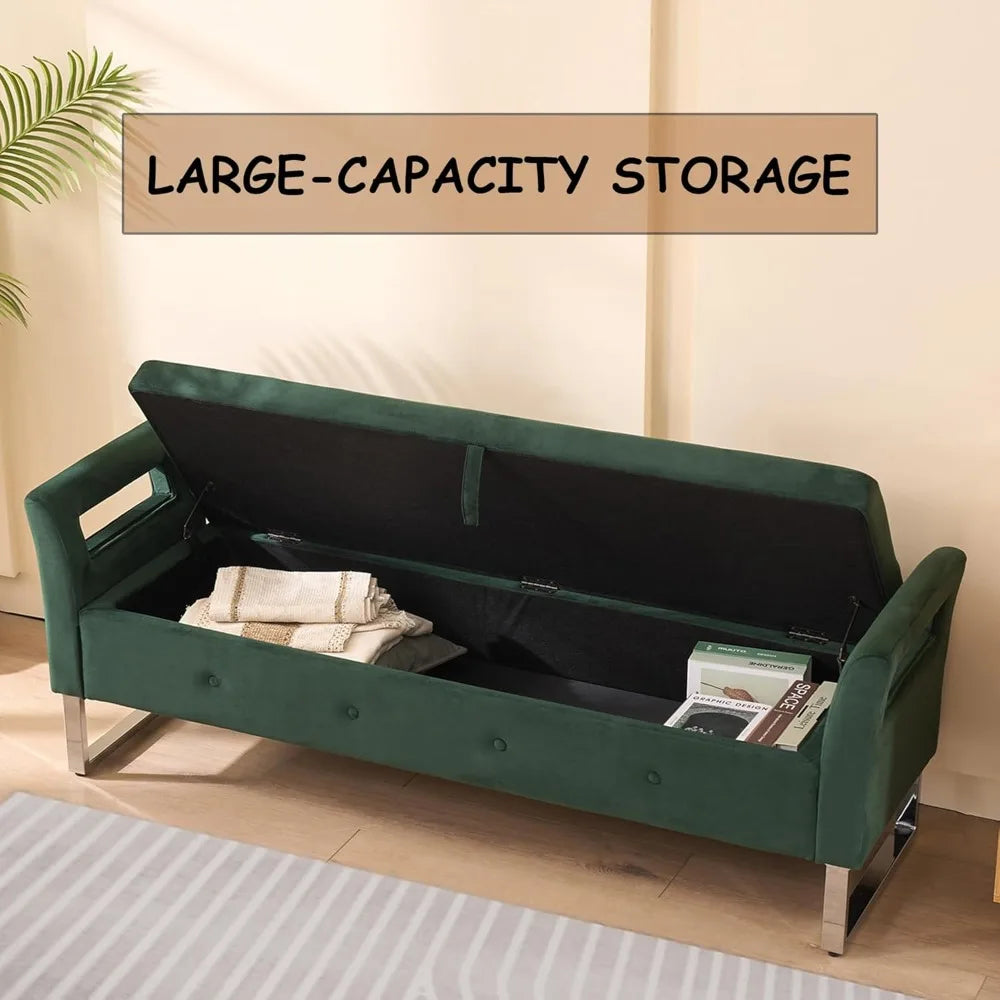 67.9” End of Bed Storage Bench King Size,Green Velvet Ottoman Bench for Bedroom & Entryway,Soft