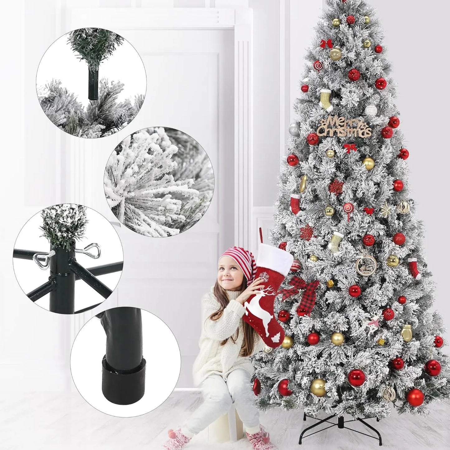 7.5 FT Prelit Snow Flocked Artificial Christmas Tree with 300 Multicolor LED Lights Foldable Metal Base 8 Lighting Mode for Home