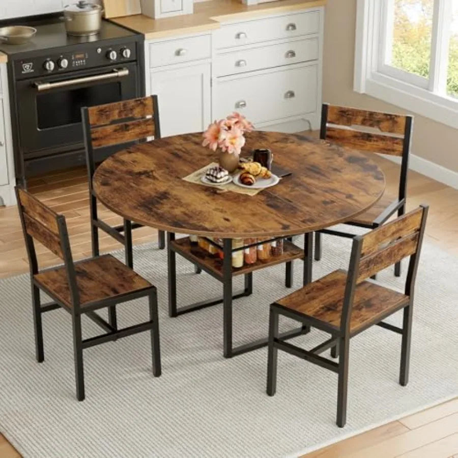 Round Dining Table Set for 4 Circle Kitchen Table and 4 Chairs 5 Piece Dining Table Set with Wooden Tabletop and Widen Seat Spa