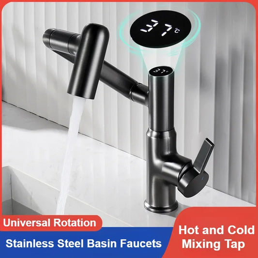 Washbasin Faucet Bathroom Multi-functional Mechanical Arm Cold and Hot Water Tap Digital Display Household Universal Rotation