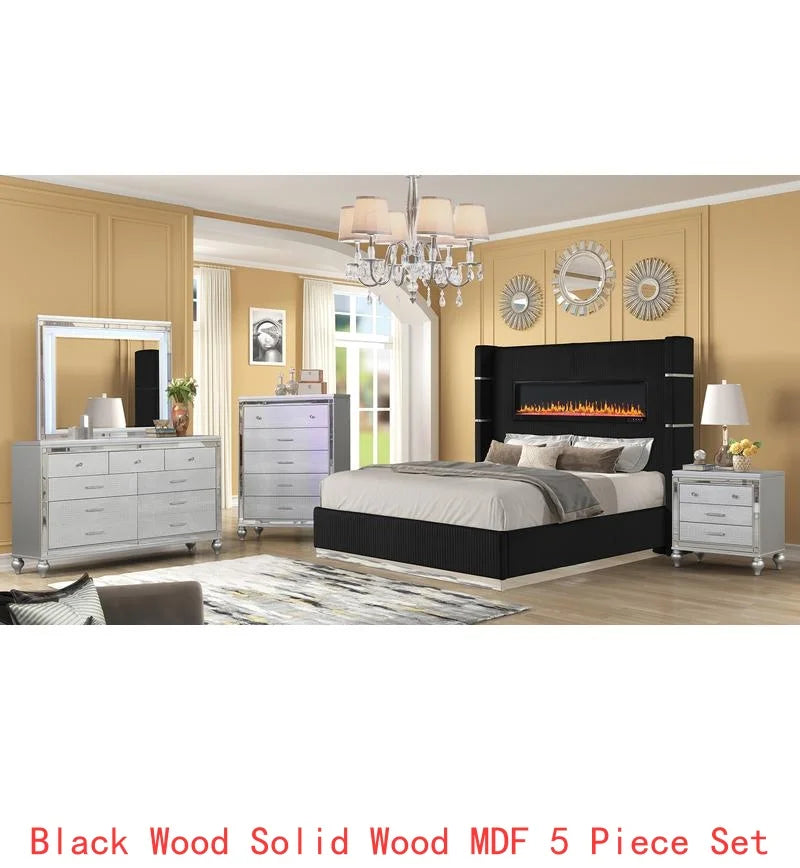 Upholstered Wooden King 5-Piece Bedroom Set with Ambient Lighting in Black Velvet Finish