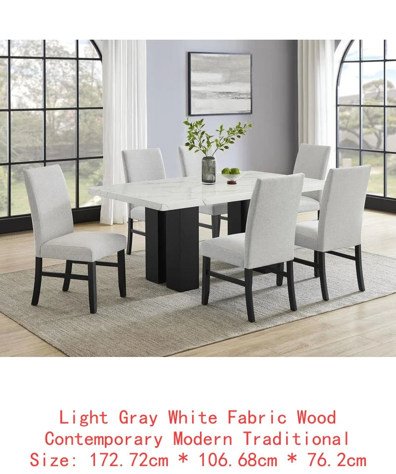 6-Pc Dining Set, White Rectangular Marble Tabletop, Dark Finish Base, Upholstered Chairs & Bench, Soft Wood Furniture for