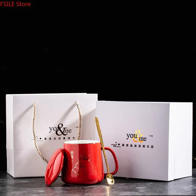 400ml New Product European Style Light Luxury Gold-painted Ceramic Coffee Mug with Lid Spoon