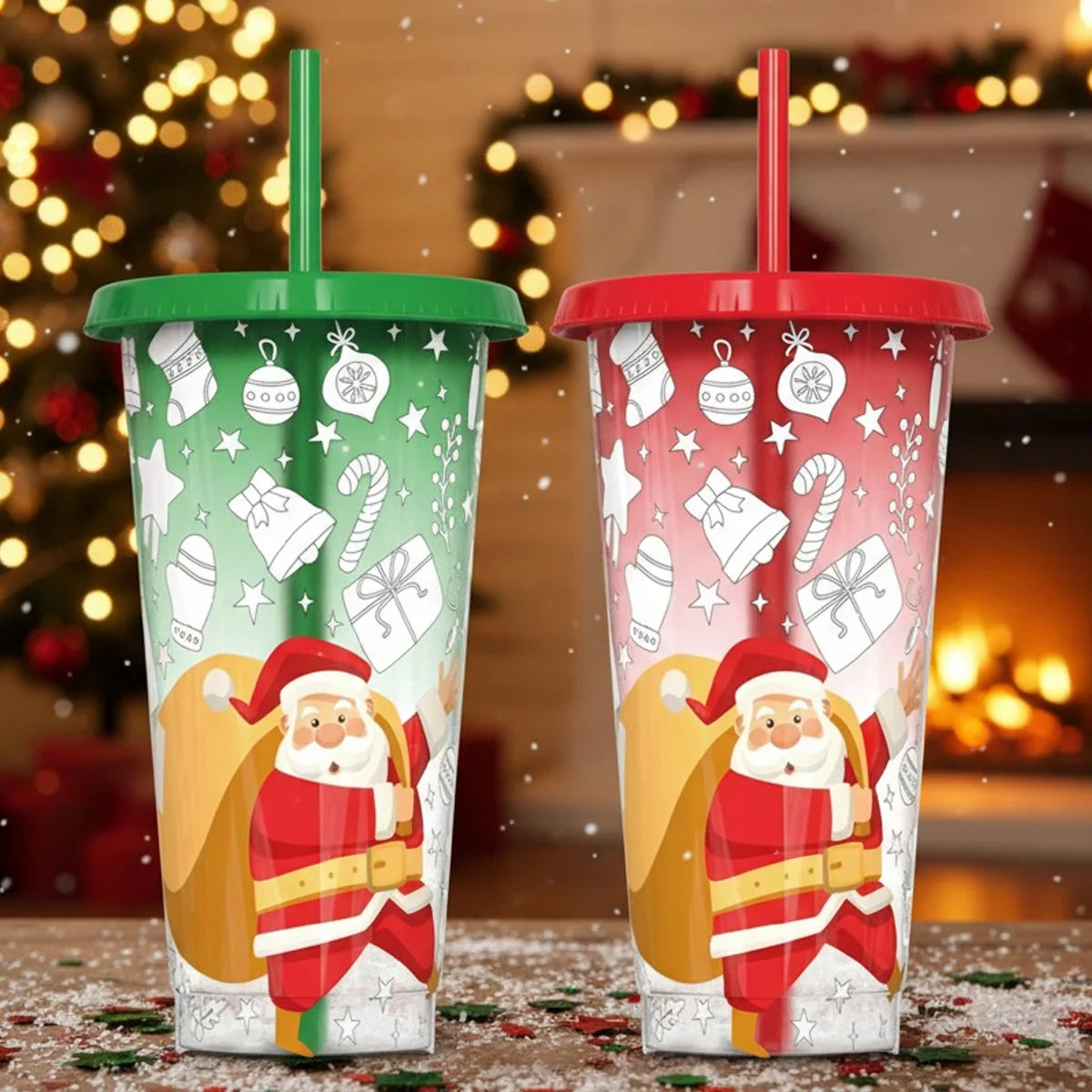 Christmas Color Changing Cups With Lids and Straws Bulk, Christmas Cups Include Spill Resistant Straw Water Iced Coffee or Tea