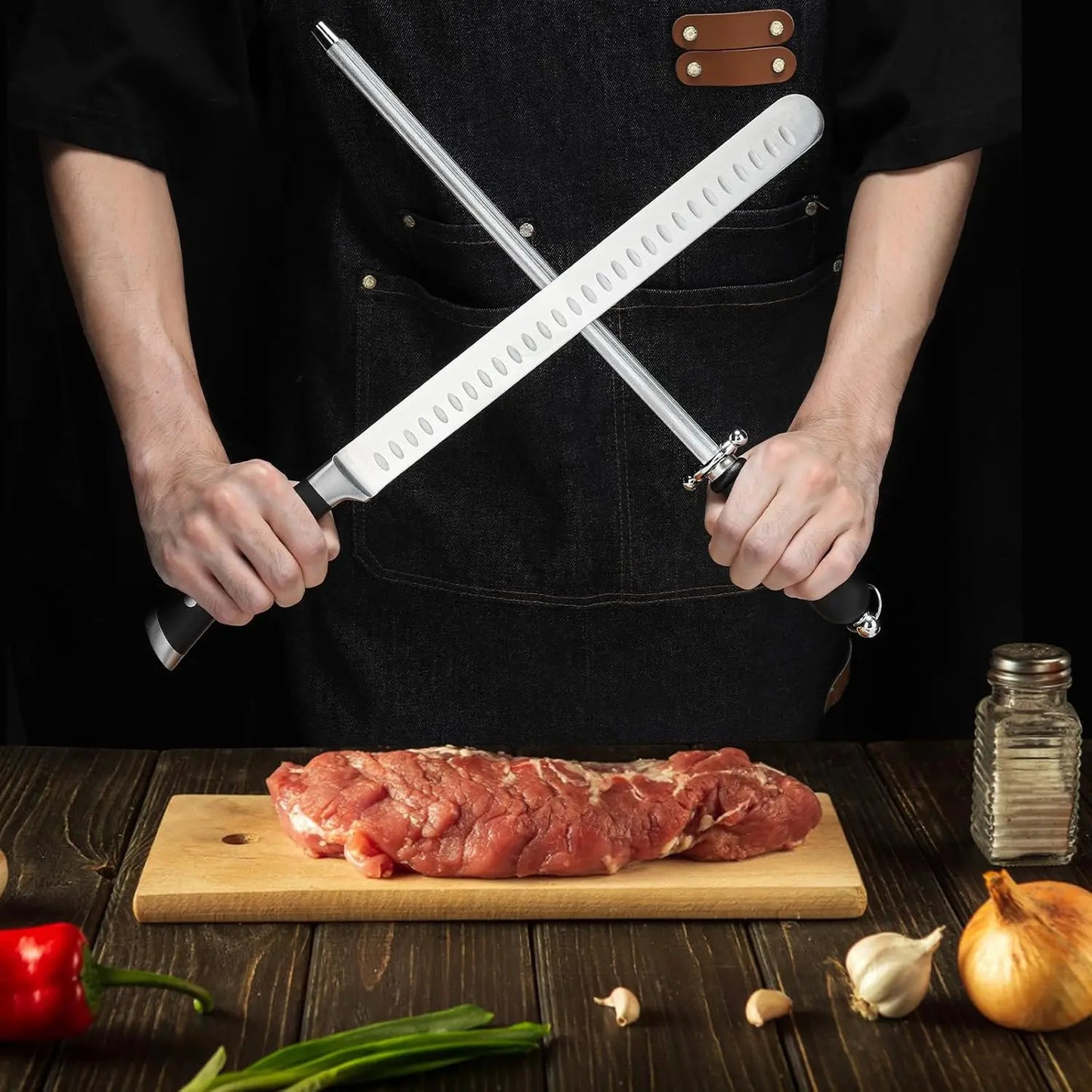 Brisket Slicer Kit,12" Razor Sharp Meat Carving Knife & 12" Honing Rod for Kitchen
