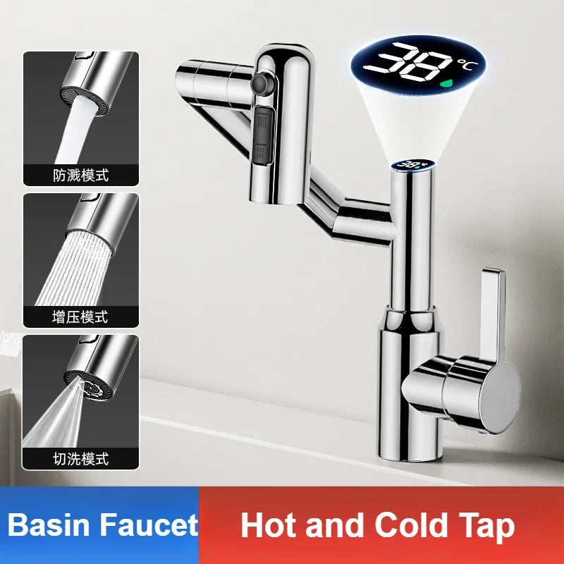 Washbasin Faucet Bathroom Multi-functional Mechanical Arm Cold and Hot Water Tap Digital Display Household Universal Rotation