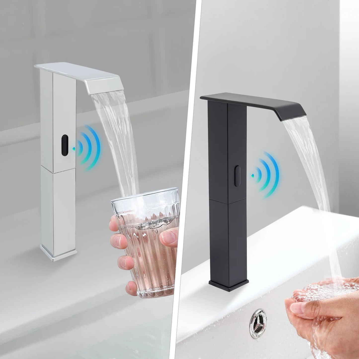 Touchless Sensor Faucet with Waterfall Spout, Adjustable Temperature Valve, Black Finish, Ideal for Kitchen and Bathroom Use