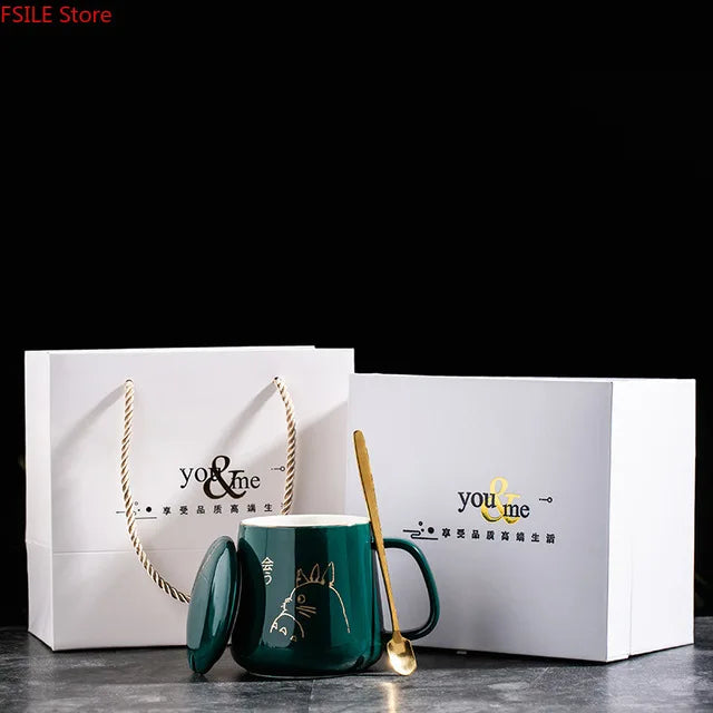 400ml New Product European Style Light Luxury Gold-painted Ceramic Coffee Mug with Lid Spoon