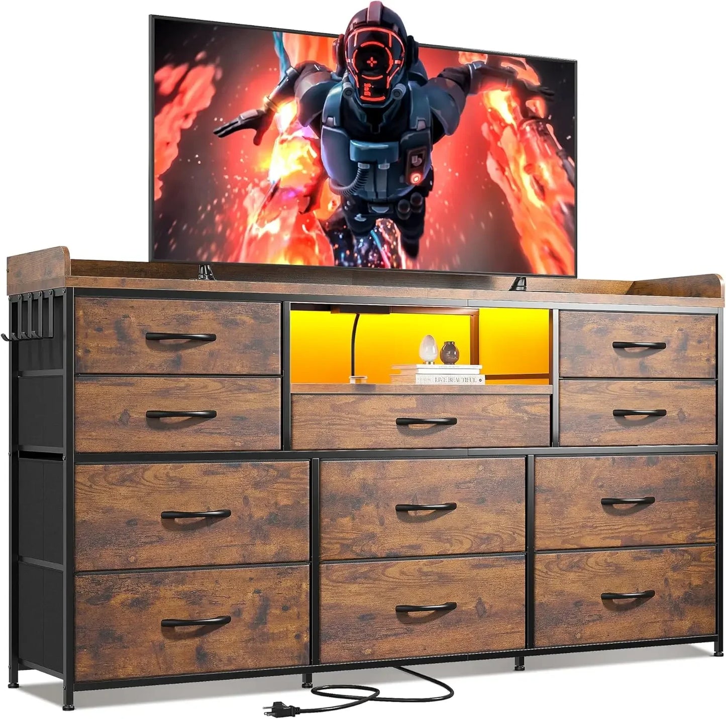 Dresser for Bedroom with 11 Drawers for 60" TV Stand for Bedroom with LED Lights & Charging Station Long Dresser with Shelves