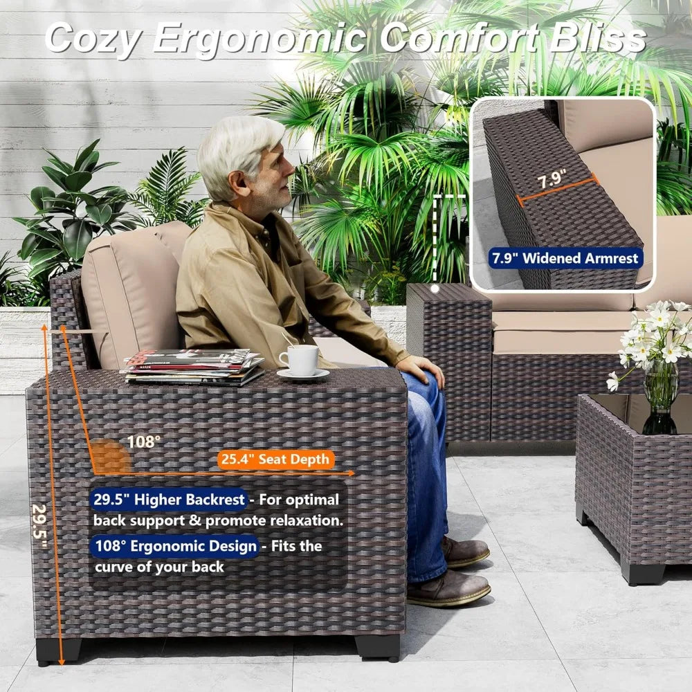 9-Piece Outdoor Patio Furniture Set with 2 Swivel Chairs and Sectional Sofa for Conversations in Brown