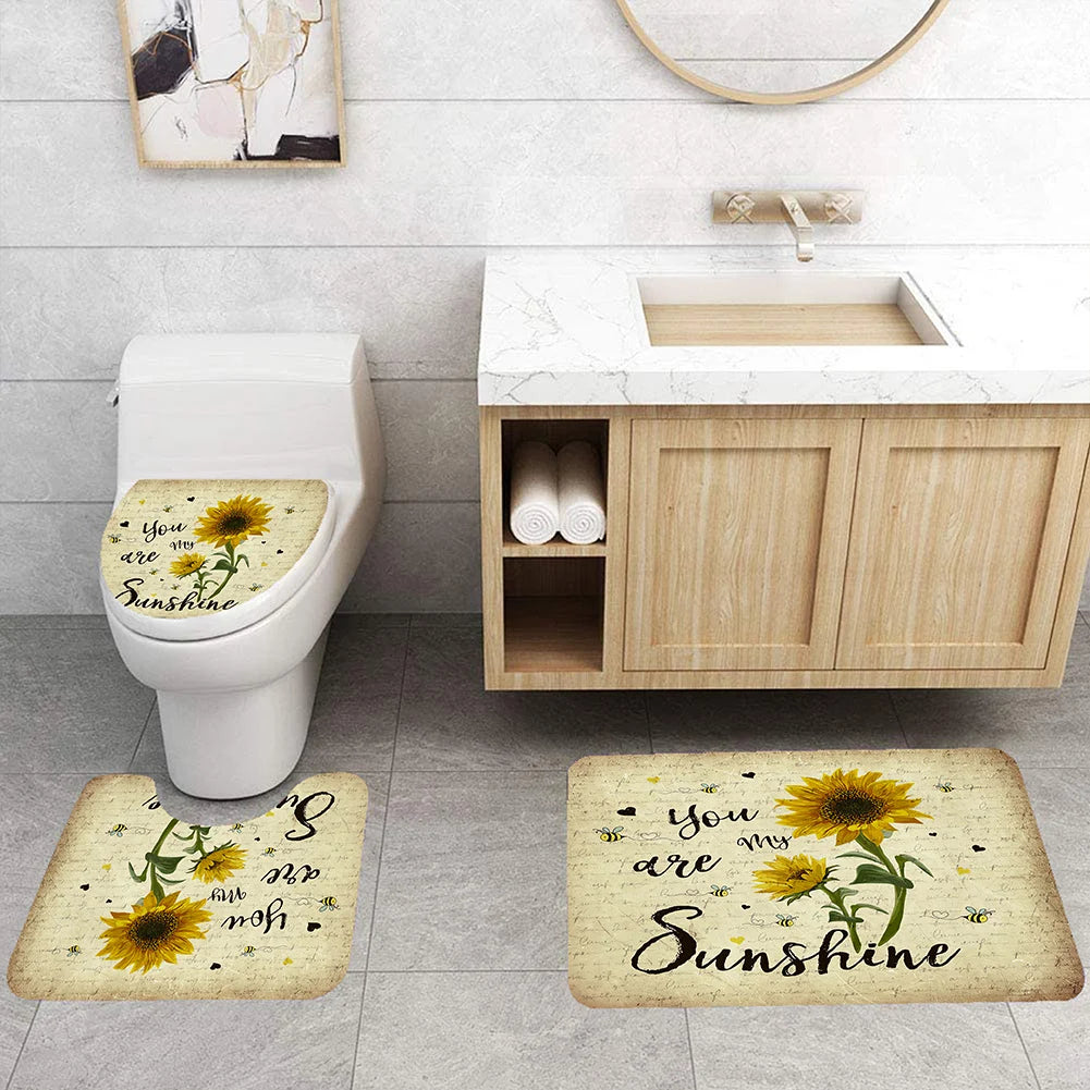 4pcs Set Doormat Shower Curtain with Non-Slip Rugs Toilet Seat Cover Bath Carpet Durable Waterproof Bathroom