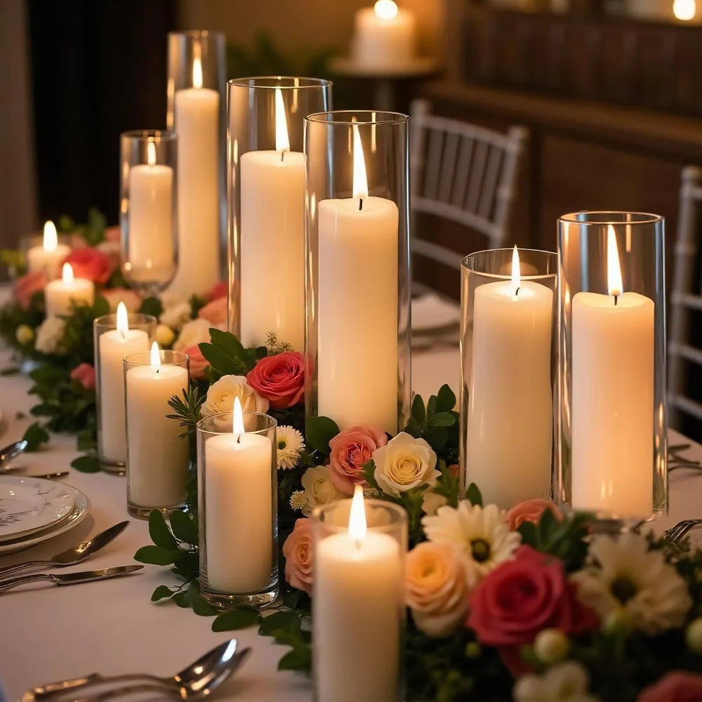 12 PCS White Pillar Candles with Glass Candle Holders Clear Hurricane Candle Holders Glass Cylinder Vases for Centerpieces Weddi