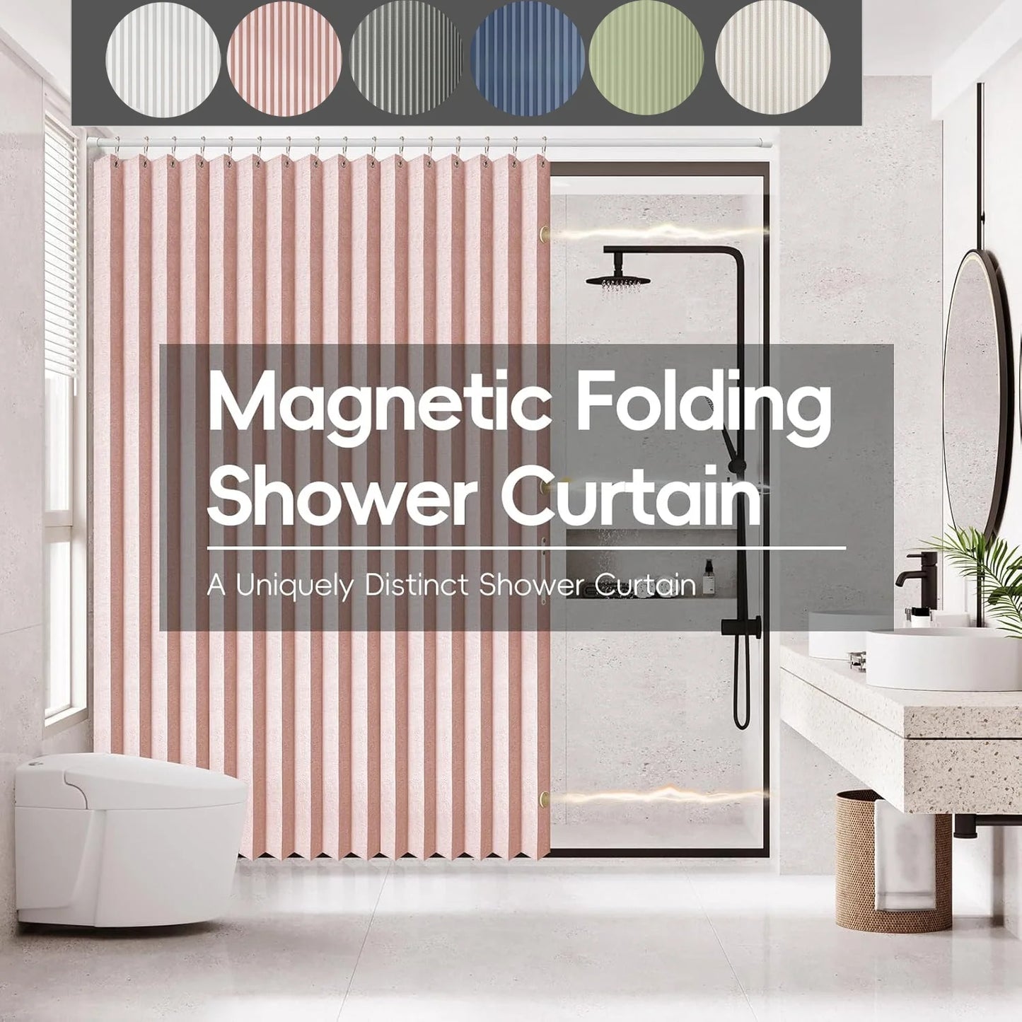 Magnetic Folding Shower Curtain，Waterproof & Space-Saving Design with Hooks, Thick Fabric in 6 Colors