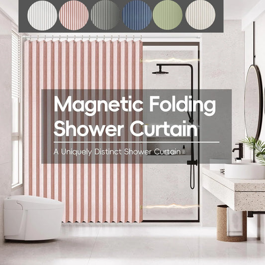 Magnetic Folding Shower Curtain，Waterproof & Space-Saving Design with Hooks, Thick Fabric in 6 Colors
