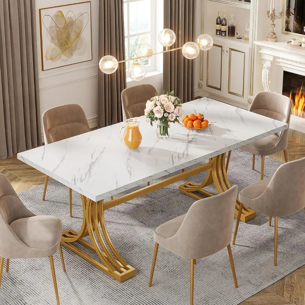 63-Inch Rectangular Dining Table for 4 to 6, White Gold Kitchen Tables for Dining Room, Modern Dinner Table with Faux