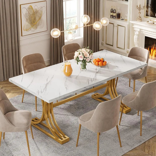 63-Inch Rectangular Dining Table for 4 to 6, White Gold Kitchen Tables for Dining Room, Modern Dinner Table with Faux
