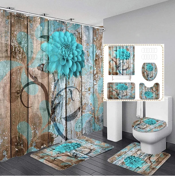 4PCS Flower Shower Curtain Set with Non-Slip Rugs Toilet Lid Cover and Bath Mat Black Shower Curtain Waterproof Bathroom Decor