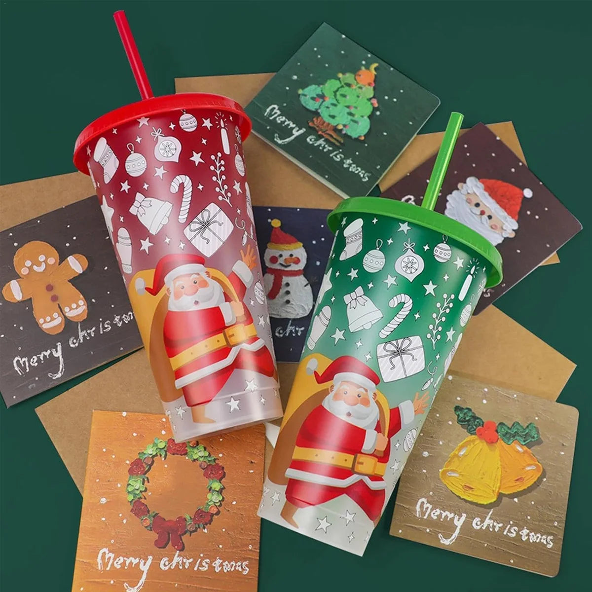 Christmas Color Changing Cups With Lids and Straws Bulk, Christmas Cups Include Spill Resistant Straw Water Iced Coffee or Tea