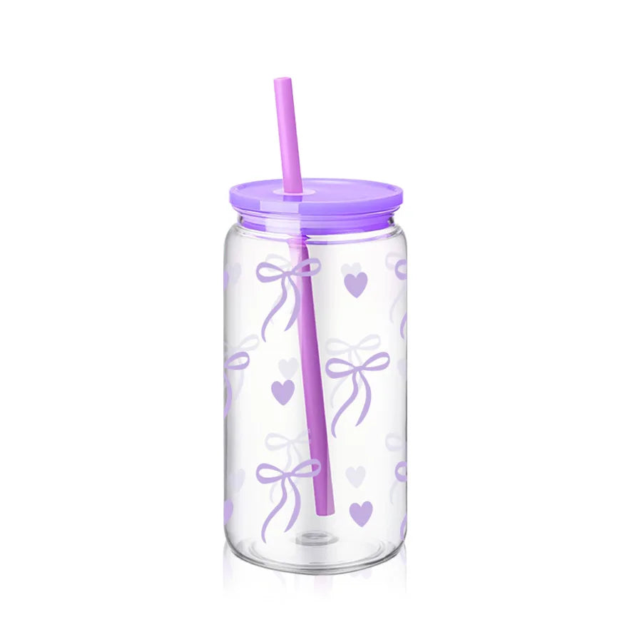 16oz Cute Bow Plastic Cup with Lid Bow Cherry Graffiti Pattern Water Bottle