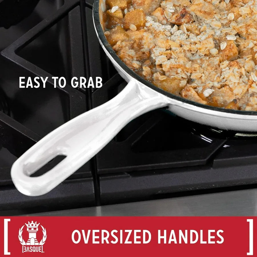 Enameled Cast Iron Cookware Set Blanc White 7Piece Set Nonstick Oversized Handles Oven Safe; 10.25 Skillet 2QT Saucepan 2.25QT