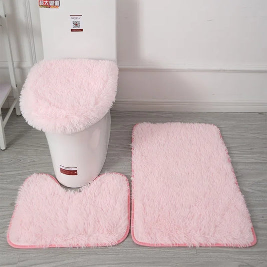 3pc Bathroom Set Rug Mat Toilet Lid Cover Plain Solid Color Bathmats Rugs Kit Non-Slip Fluffy