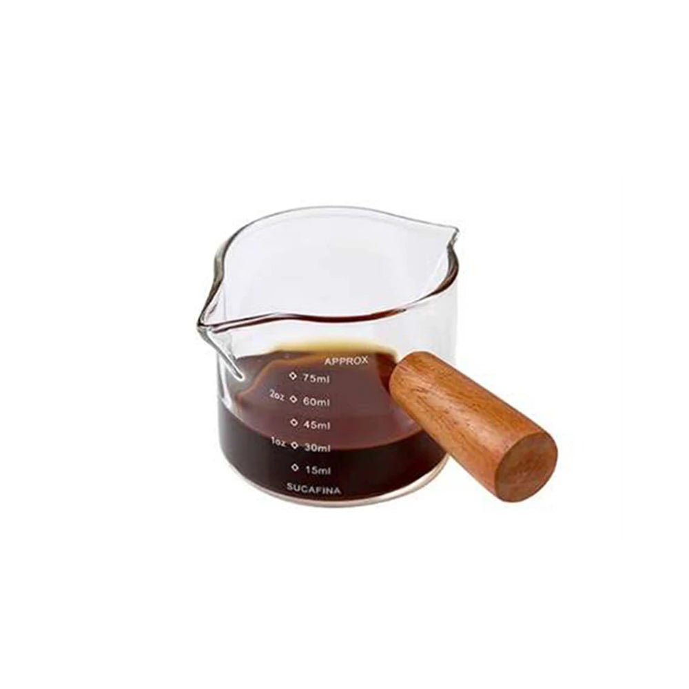1pc Glass Measuring Cup Wood Handle Glass Espresso Measuring Cup Double