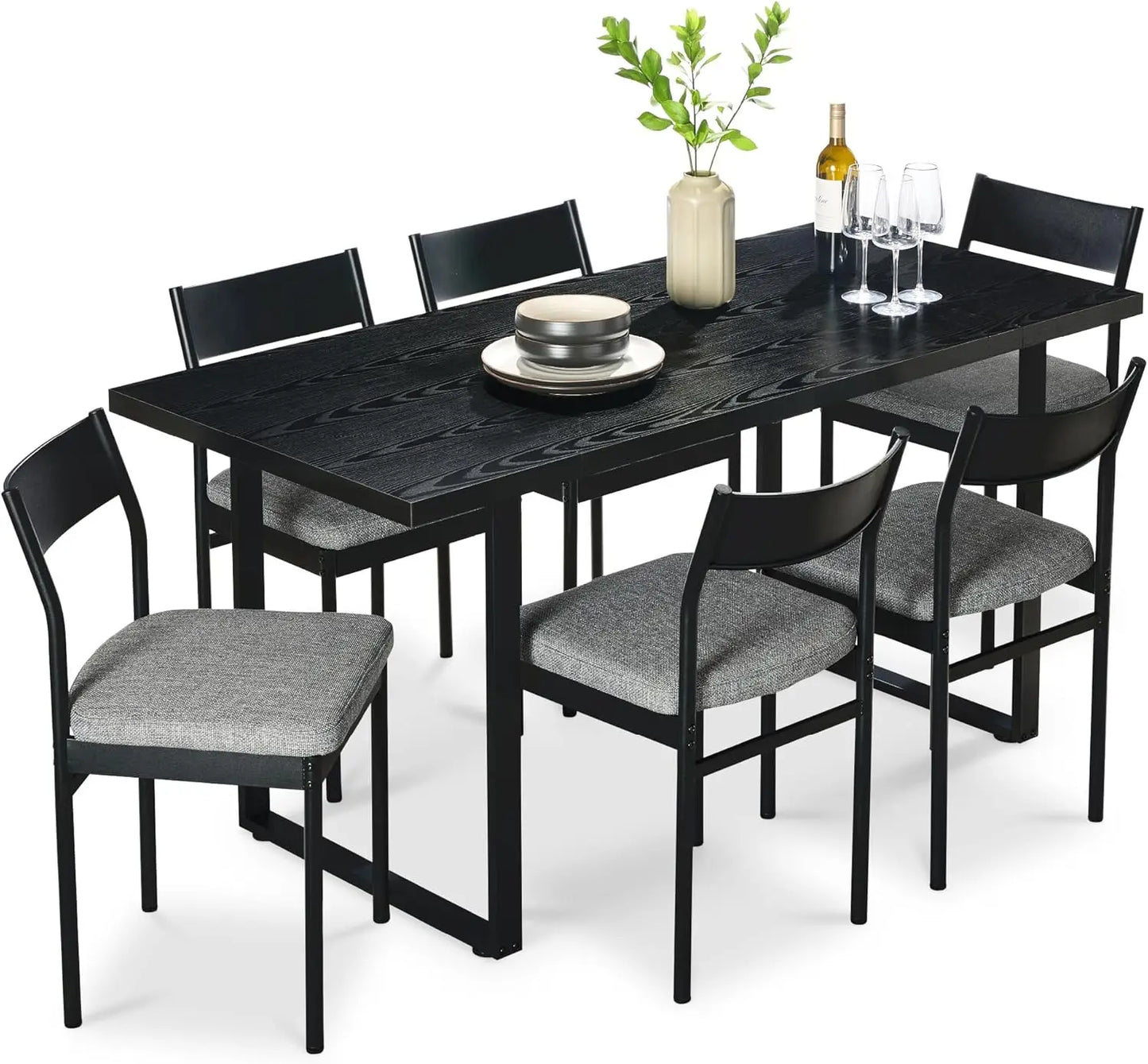 7-Piece Modern Dining Room Set, Kitchen Table Set, Dining Table w/ 6 Chairs, Upholstered Cushions, Solid Metal Frame