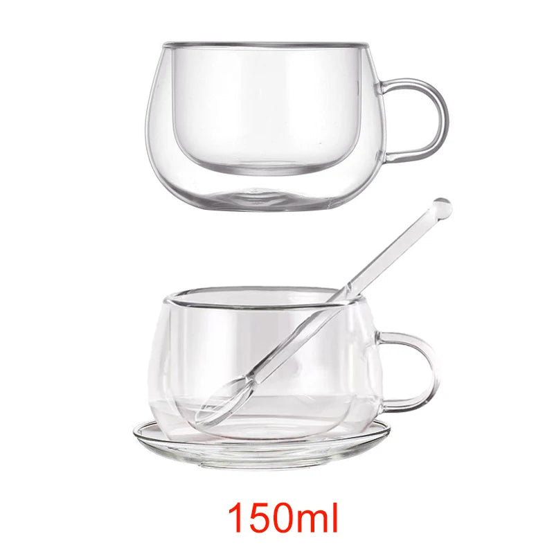 150/300ml Double Wall Glass Coffee Cup with Saucers and Spoon Heat Resistant Espresso Cups