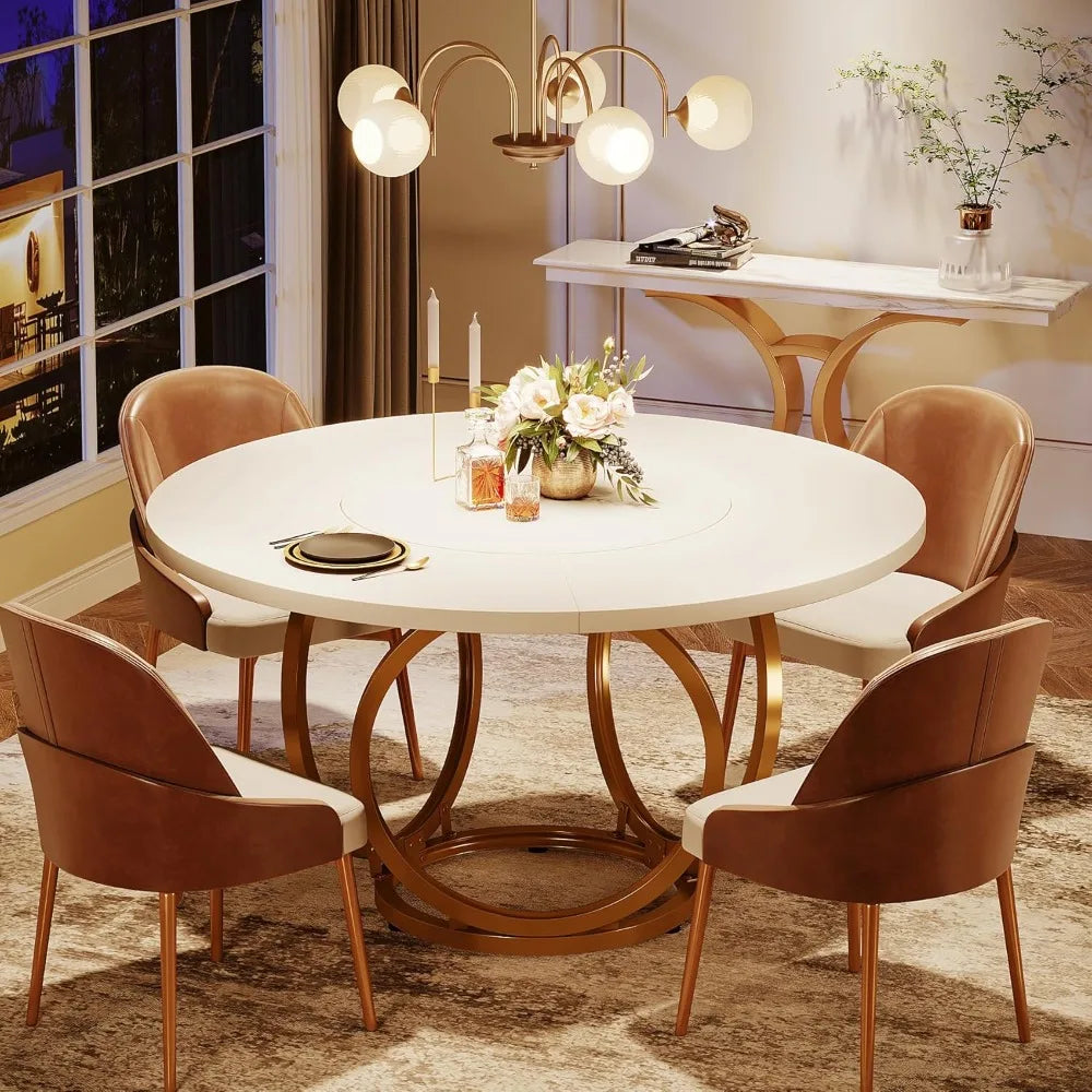 Round White Dining Table for 4, 47-Inch Large Kitchen Table with Gold Metal Base, Modern Dinner Room Table Coffee Ta