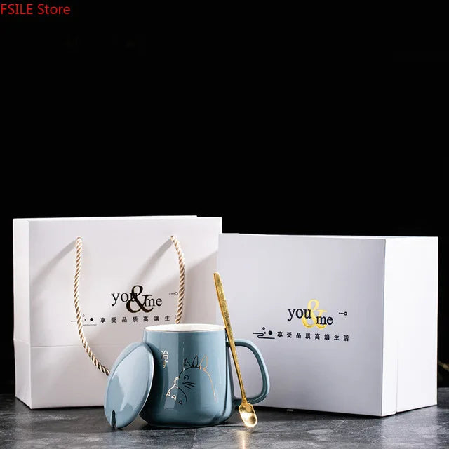 400ml New Product European Style Light Luxury Gold-painted Ceramic Coffee Mug with Lid Spoon