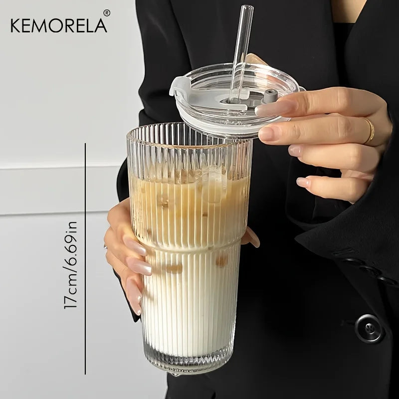 600ML Stripe Glass Coffee Cup With Lid and Without Cover Straw Transparent Drinking Glasses