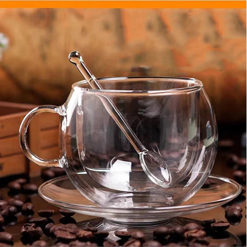 150/300ml Double Wall Glass Coffee Cup with Saucers and Spoon Heat Resistant Espresso Cups