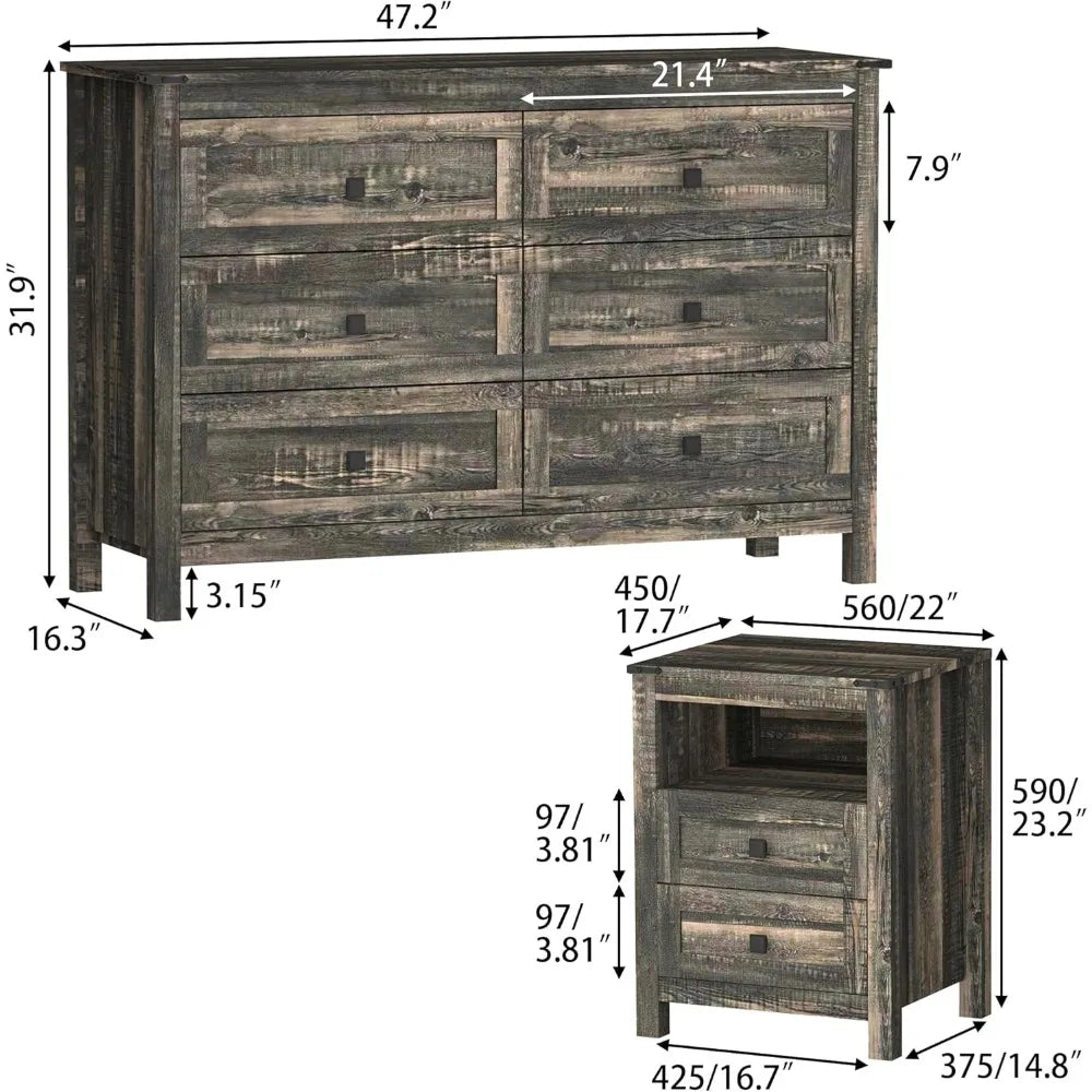 Farmhouse Bedroom Set, 3 Pieces Bedroom Furniture Set, Rustic Wood 6 Drawer Dresser and Nightstands