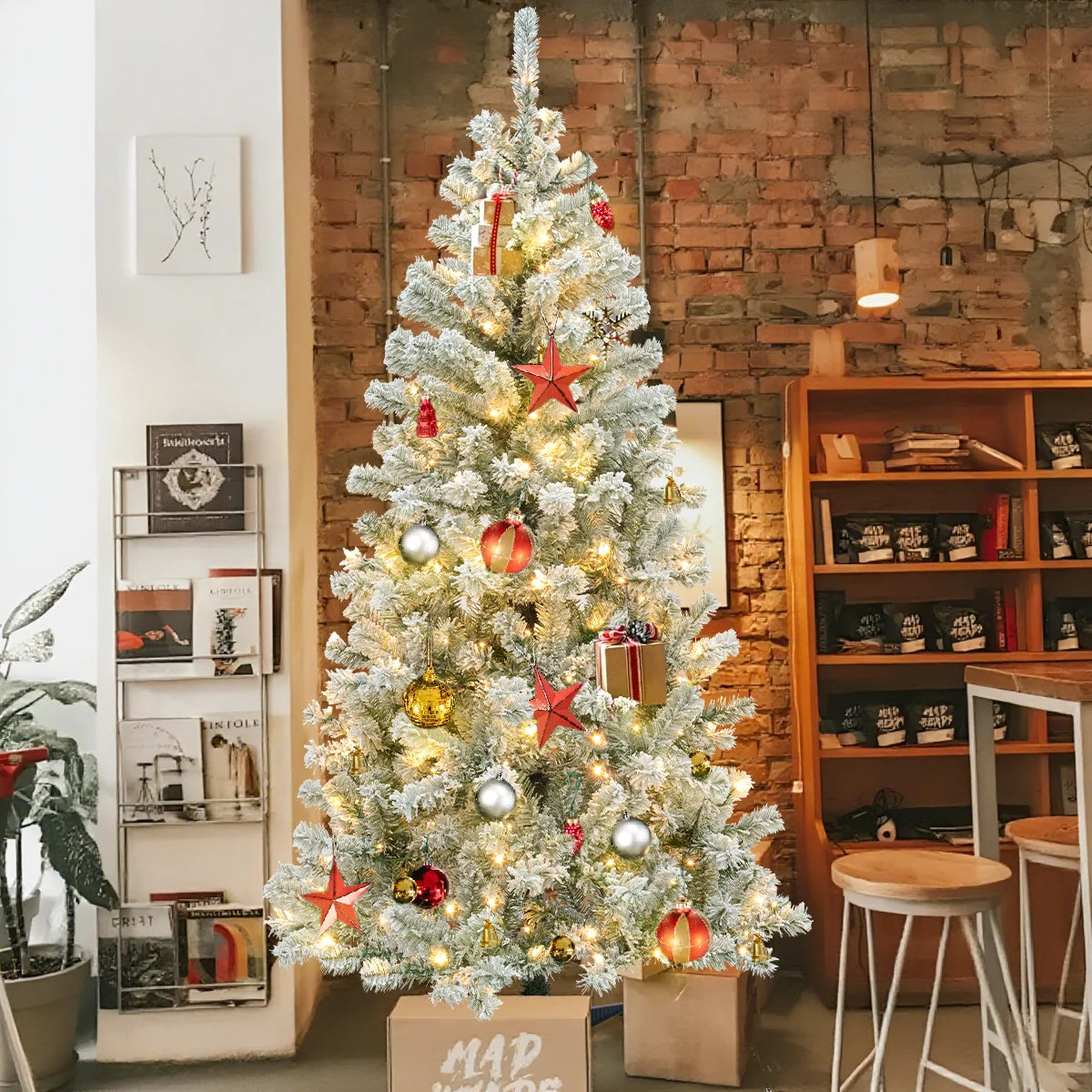 190cm Pre-Lit Artificial Christmas Tree 2025 Christmas Decorations 200 Warm-White LED Light White Green 460 Dense Branch Tips