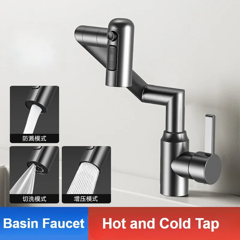 Washbasin Faucet Bathroom Multi-functional Mechanical Arm Cold and Hot Water Tap Digital Display Household Universal Rotation
