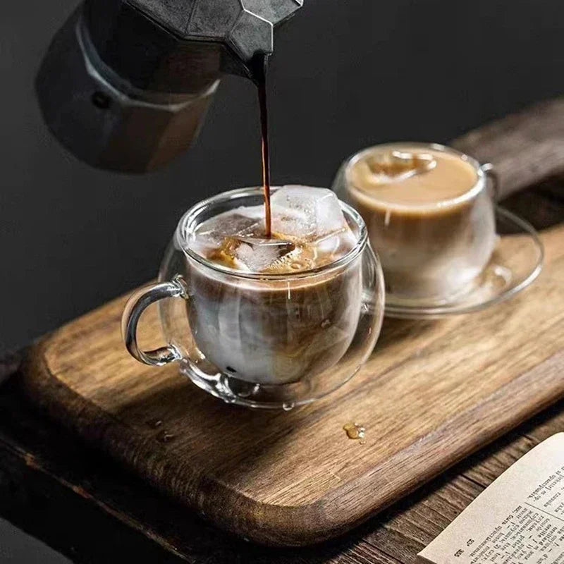 150/300ml Double Wall Glass Coffee Cup with Saucers and Spoon Heat Resistant Espresso Cups