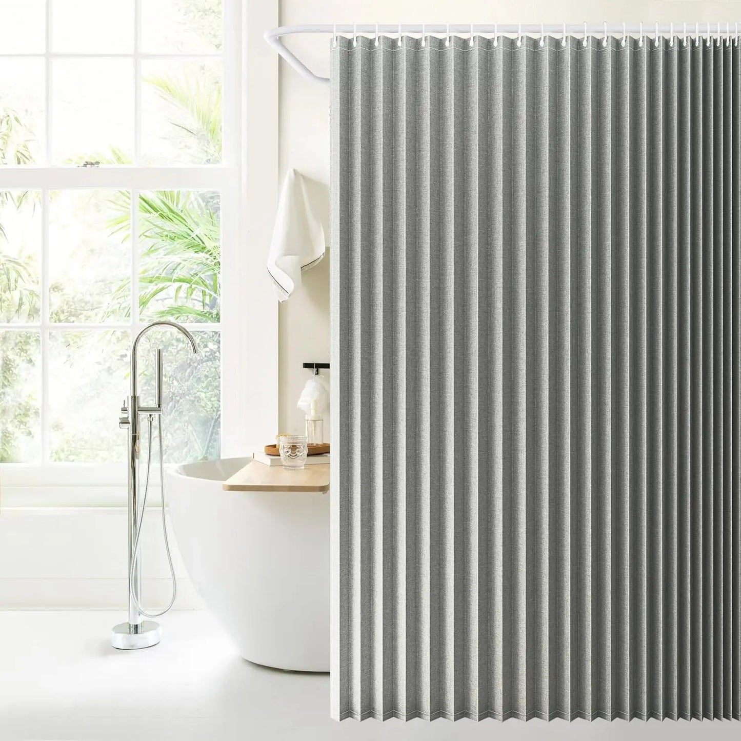 Magnetic Folding Shower Curtain，Waterproof & Space-Saving Design with Hooks, Thick Fabric in 6 Colors