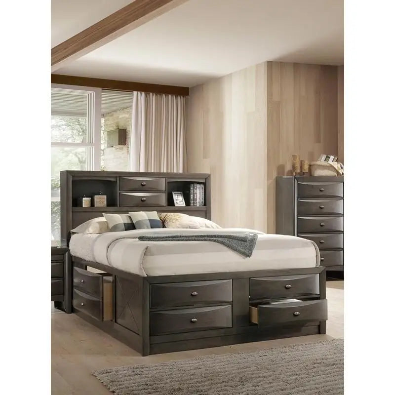 Contemporary Queen Bed with 2 Nightstands and Bookcase Headboard in Gray - 3 Piece Bedroom Furniture Set