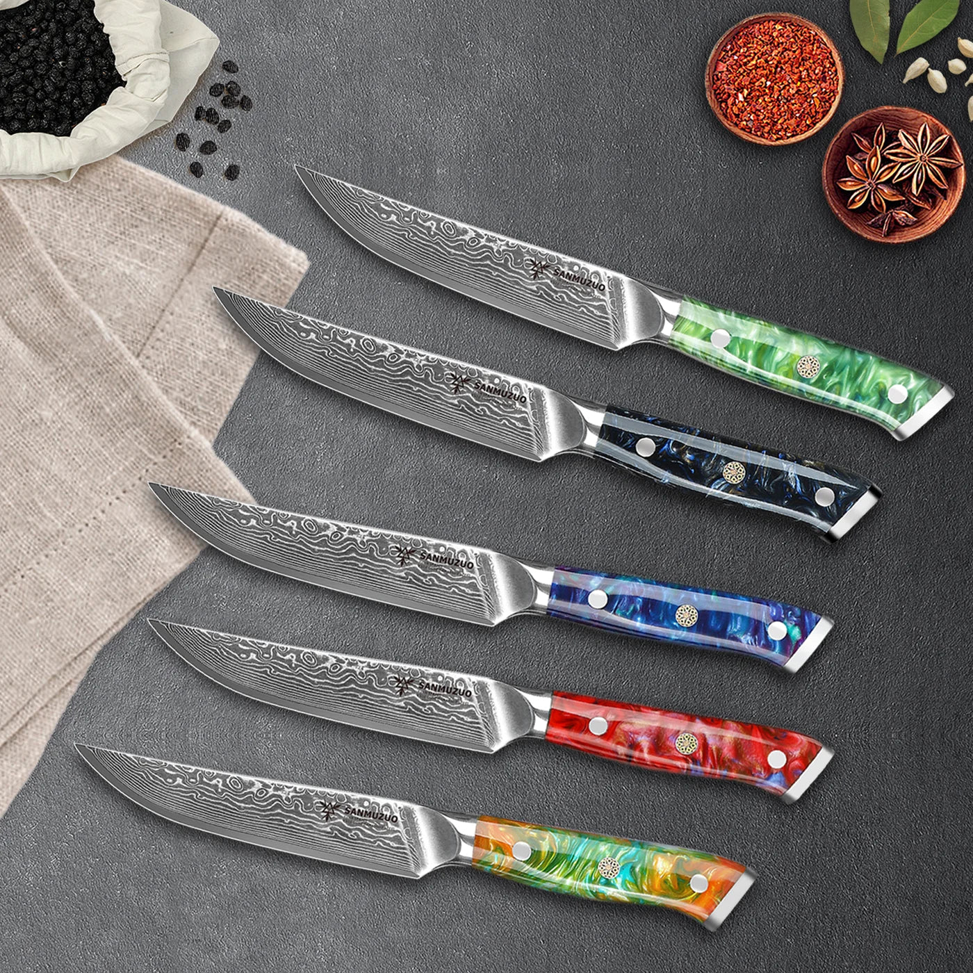 SANMUZUO 4PCS Steak Knifes - 5 Inch Knife Damascus Steel Kitchen Knifes - Resin Handle